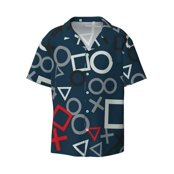 Xecao offers the Navy Blue Geometric for Men's Casual Short-sleeved Shirt, a button-up collared shirt with a pocket, perfect for beach vacations and yacht travel in the XX-Large size.