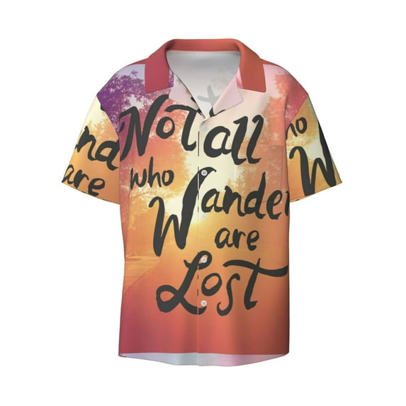 Xecao offers the Not All Who Wander Are Lost for Men's Casual Short-sleeved Shirt, a button-up collared shirt with a pocket, perfect for beach vacations and yacht travel in the Medium size.