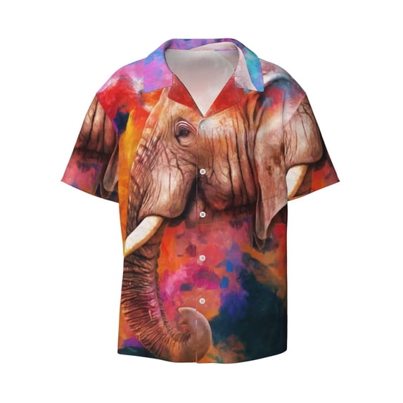 Xecao offers the Oil Paintings of Elephants for Men's Casual Short-sleeved Shirt, a button-up collared shirt with a pocket, perfect for beach vacations and yacht travel in the Medium size.