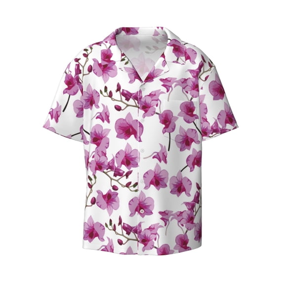 Xecao offers the Orchids Flowers for Men's Casual Short-sleeved Shirt, a button-up collared shirt with a pocket, perfect for beach vacations and yacht travel in the Large size.