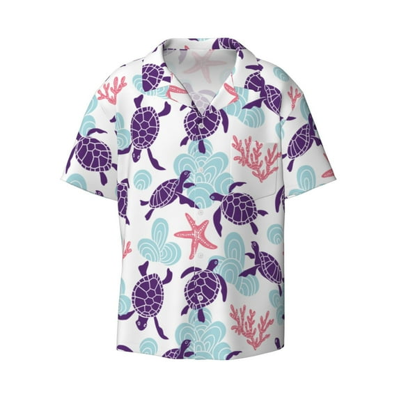 Xecao offers the Ornamental Turtles for Men's Casual Short-sleeved Shirt, a button-up collared shirt with a pocket, perfect for beach vacations and yacht travel in the X-Large size.