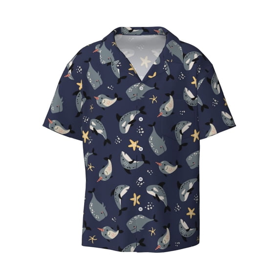 Xecao offers the Party Shark Cute for Men's Casual Short-sleeved Shirt, a button-up collared shirt with a pocket, perfect for beach vacations and yacht travel in the Small size.
