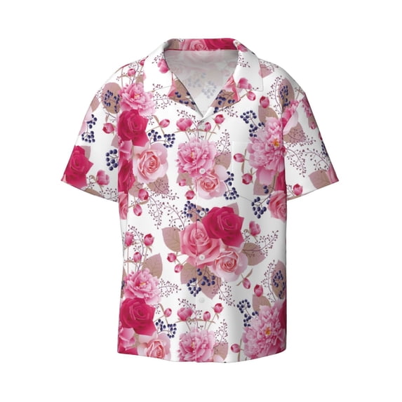 Xecao offers the Peonies And Roses for Men's Casual Short-sleeved Shirt, a button-up collared shirt with a pocket, perfect for beach vacations and yacht travel in the 3X-Large size.