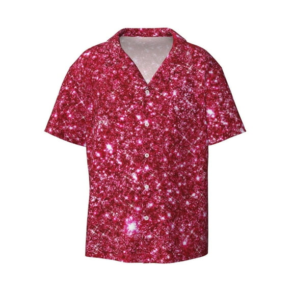 Xecao offers the Pink Glitter for Men's Casual Short-sleeved Shirt, a button-up collared shirt with a pocket, perfect for beach vacations and yacht travel in the Small size.