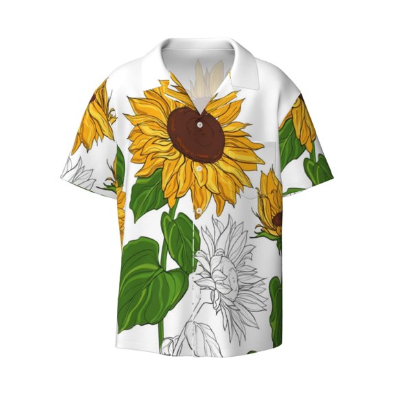 Xecao offers the Plump Sunflower And Sketch for Men's Casual Short-sleeved Shirt, a button-up collared shirt with a pocket, perfect for beach vacations and yacht travel in the Small size.