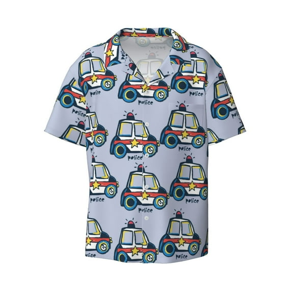 Xecao offers the Police Car for Men's Casual Short-sleeved Shirt, a button-up collared shirt with a pocket, perfect for beach vacations and yacht travel in the 3X-Large size.