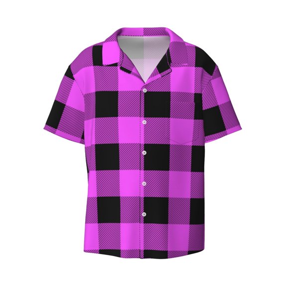 Xecao offers the Purple Black Buffalo Plaid for Men's Casual Short-sleeved Shirt, a button-up collared shirt with a pocket, perfect for beach vacations and yacht travel in the Small size.
