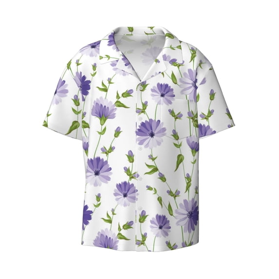 Xecao offers the Purple Chicory for Men's Casual Short-sleeved Shirt, a button-up collared shirt with a pocket, perfect for beach vacations and yacht travel in the XX-Large size.