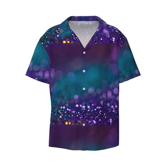Xecao offers the Purple and Green Glitter for Men's Casual Short-sleeved Shirt, a button-up collared shirt with a pocket, perfect for beach vacations and yacht travel in the XX-Large size.