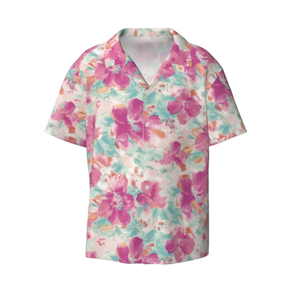 Xecao offers the Purple Watercolor Flowers for Men's Casual Short-sleeved Shirt, a button-up collared shirt with a pocket, perfect for beach vacations and yacht travel in the 4X-Large size.