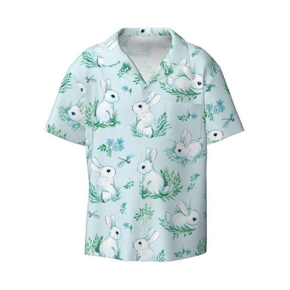 Xecao offers the Rabbit And Dragonfly for Men's Casual Short-sleeved Shirt, a button-up collared shirt with a pocket, perfect for beach vacations and yacht travel in the XX-Large size.