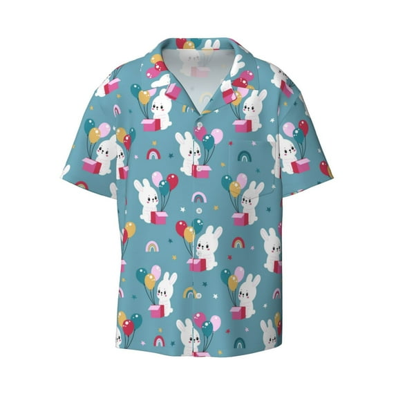 Xecao offers the Rabbit And Rainbow for Men's Casual Short-sleeved Shirt, a button-up collared shirt with a pocket, perfect for beach vacations and yacht travel in the Large size.