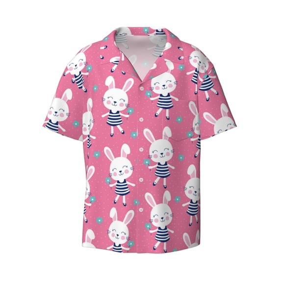 Xecao offers the Rabbit Holding Flowers for Men's Casual Short-sleeved Shirt, a button-up collared shirt with a pocket, perfect for beach vacations and yacht travel in the XX-Large size.
