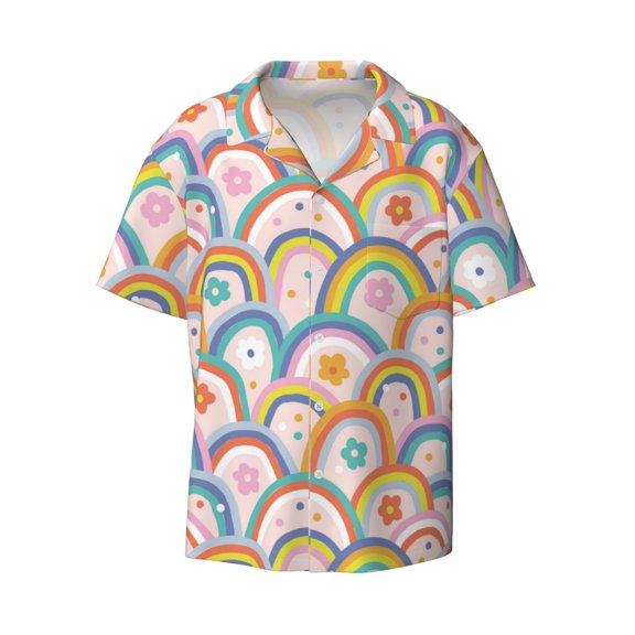 Xecao offers the Rainbow Flowers for Men's Casual Short-sleeved Shirt, a button-up collared shirt with a pocket, perfect for beach vacations and yacht travel in the X-Large size.