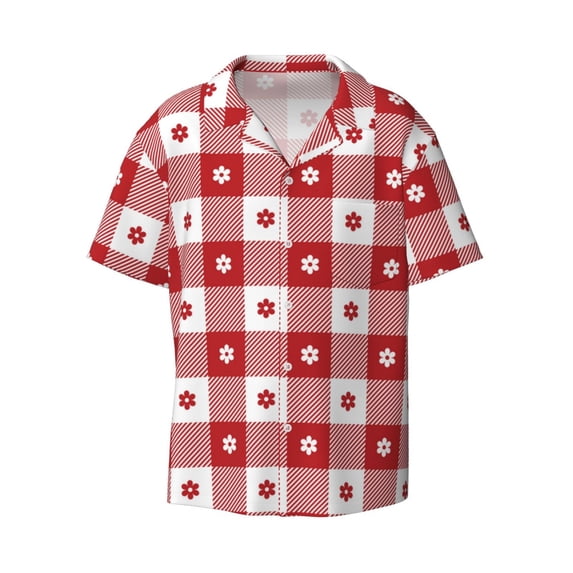 Xecao offers the Red Plaid Daisy for Men's Casual Short-sleeved Shirt, a button-up collared shirt with a pocket, perfect for beach vacations and yacht travel in the X-Large size.