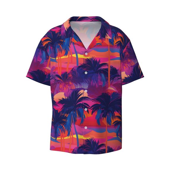 Xecao offers the Retro Palms for Men's Casual Short-sleeved Shirt, a button-up collared shirt with a pocket, perfect for beach vacations and yacht travel in the XX-Large size.