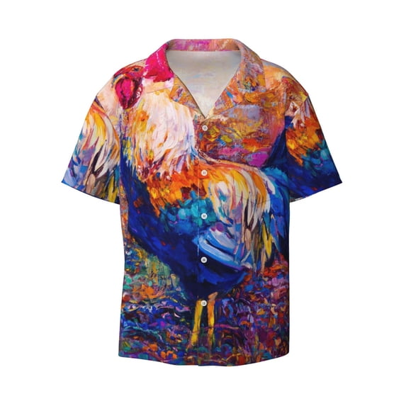 Xecao offers the Rooster Oil Painting for Men's Casual Short-sleeved Shirt, a button-up collared shirt with a pocket, perfect for beach vacations and yacht travel in the 4X-Large size.