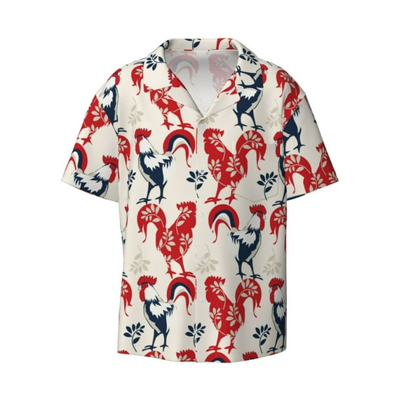 Xecao offers the Roosters for Men's Casual Short-sleeved Shirt, a button-up collared shirt with a pocket, perfect for beach vacations and yacht travel in the Large size.
