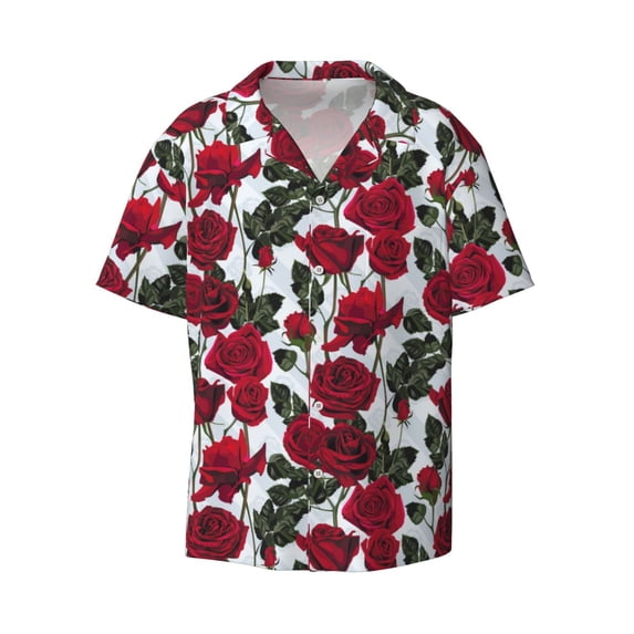 Xecao offers the Rose Flowers for Men's Casual Short-sleeved Shirt, a button-up collared shirt with a pocket, perfect for beach vacations and yacht travel in the 3X-Large size.