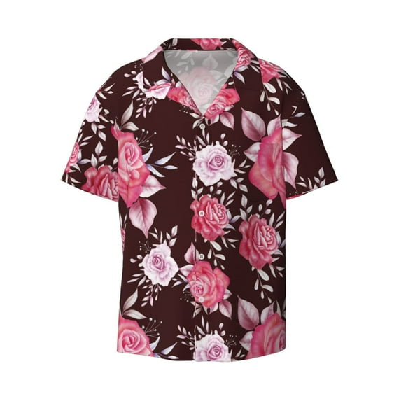 Xecao offers the Rose Flowers for Men's Casual Short-sleeved Shirt, a button-up collared shirt with a pocket, perfect for beach vacations and yacht travel in the 4X-Large size.