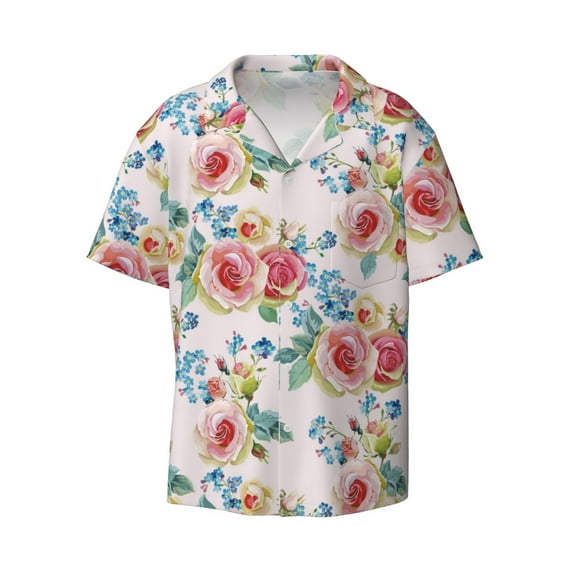 Xecao offers the Rose Flowers for Men's Casual Short-sleeved Shirt, a button-up collared shirt with a pocket, perfect for beach vacations and yacht travel in the Large size.
