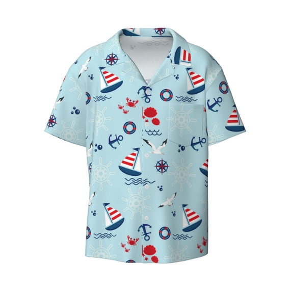 Xecao offers the Sailboats Anchors for Men's Casual Short-sleeved Shirt, a button-up collared shirt with a pocket, perfect for beach vacations and yacht travel in the Large size.