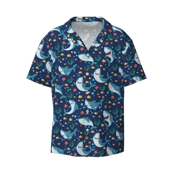 Xecao offers the Sea Sharks for Men's Casual Short-sleeved Shirt, a button-up collared shirt with a pocket, perfect for beach vacations and yacht travel in the X-Large size.