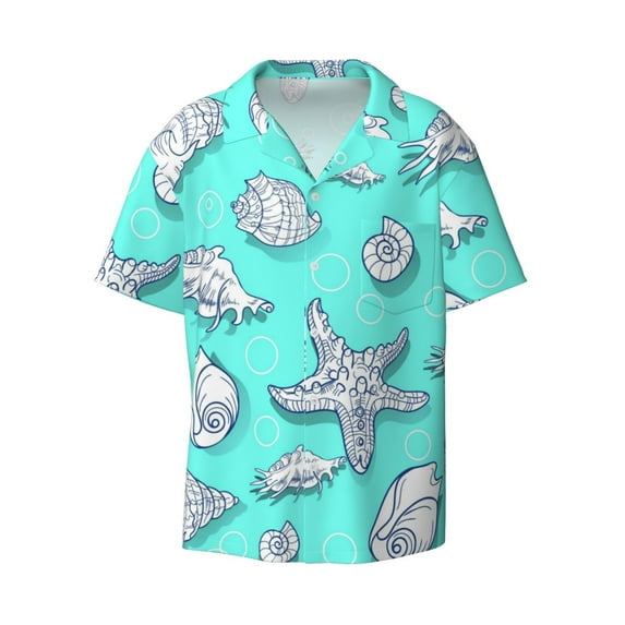 Xecao offers the Seashell And Starfish for Men's Casual Short-sleeved Shirt, a button-up collared shirt with a pocket, perfect for beach vacations and yacht travel in the 4X-Large size.