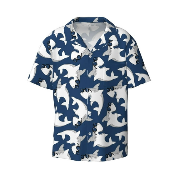 Xecao offers the Shark for Men's Casual Short-sleeved Shirt, a button-up collared shirt with a pocket, perfect for beach vacations and yacht travel in the 4X-Large size.
