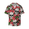 thumbnail image 1 of Xecao offers the Skull and Roses for Men's Casual Short-sleeved Shirt, a button-up collared shirt with a pocket, perfect for beach vacations and yacht travel in the Small size., 1 of 7