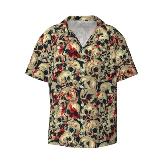 Xecao offers the Skulls1 for Men's Casual Short-sleeved Shirt, a button-up collared shirt with a pocket, perfect for beach vacations and yacht travel in the XX-Large size.
