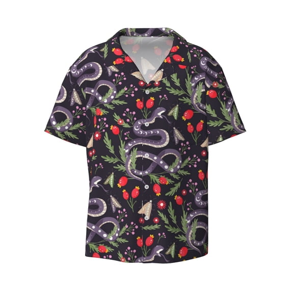 Xecao offers the Snakes And Snake Fruit for Men's Casual Short-sleeved Shirt, a button-up collared shirt with a pocket, perfect for beach vacations and yacht travel in the 3X-Large size.