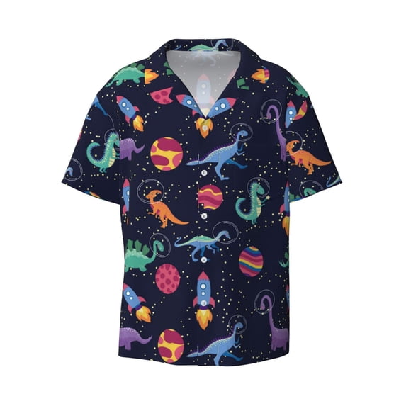 Xecao offers the Space Dinosaur for Men's Casual Short-sleeved Shirt, a button-up collared shirt with a pocket, perfect for beach vacations and yacht travel in the X-Large size.