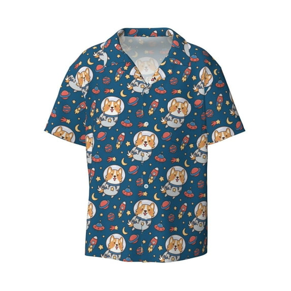 Xecao offers the Space Puppy for Men's Casual Short-sleeved Shirt, a button-up collared shirt with a pocket, perfect for beach vacations and yacht travel in the 3X-Large size.