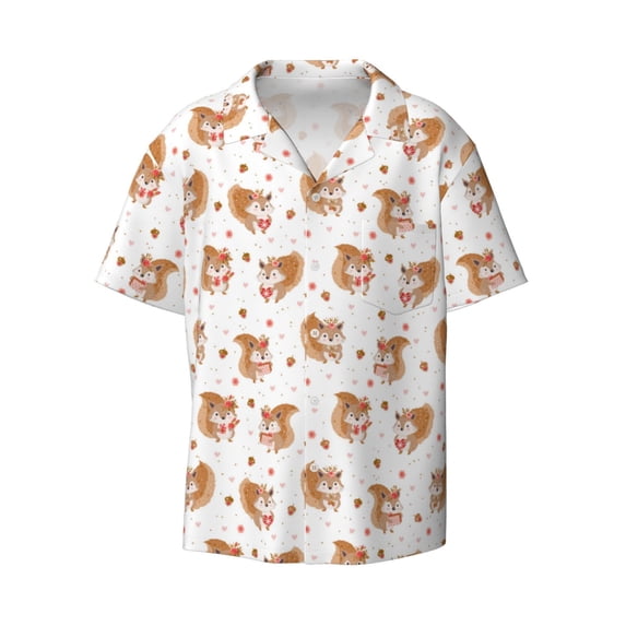 Xecao offers the Squirrel And Rose for Men's Casual Short-sleeved Shirt, a button-up collared shirt with a pocket, perfect for beach vacations and yacht travel in the Large size.