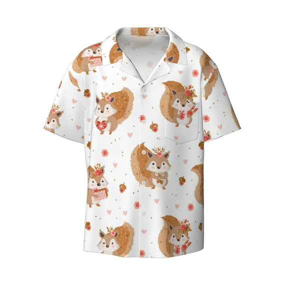 Xecao offers the Squirrel Giving A Gift for Men's Casual Short-sleeved Shirt, a button-up collared shirt with a pocket, perfect for beach vacations and yacht travel in the 4X-Large size.