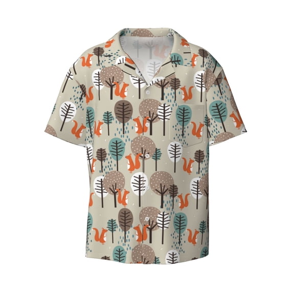 Xecao offers the Squirrels and Trees for Men's Casual Short-sleeved Shirt, a button-up collared shirt with a pocket, perfect for beach vacations and yacht travel in the Medium size.