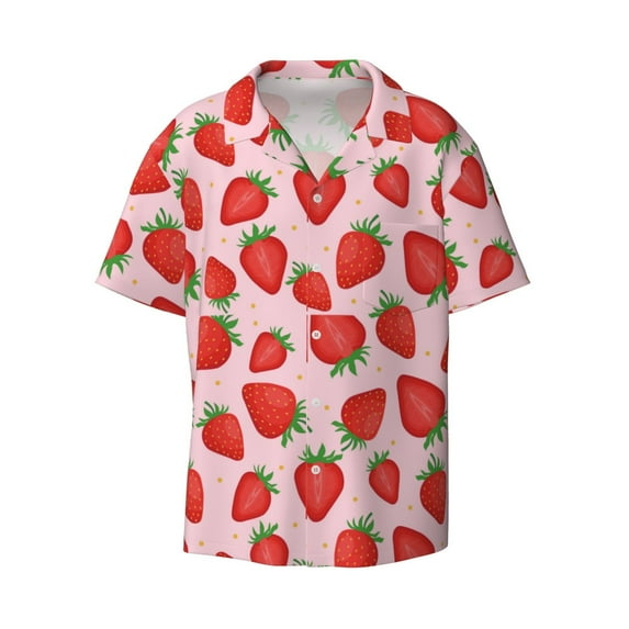 Xecao offers the Strawberries for Men's Casual Short-sleeved Shirt, a button-up collared shirt with a pocket, perfect for beach vacations and yacht travel in the 3X-Large size.