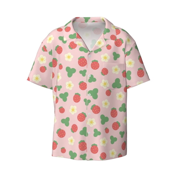 Xecao offers the Strawberry And Flowers for Men's Casual Short-sleeved Shirt, a button-up collared shirt with a pocket, perfect for beach vacations and yacht travel in the Small size.