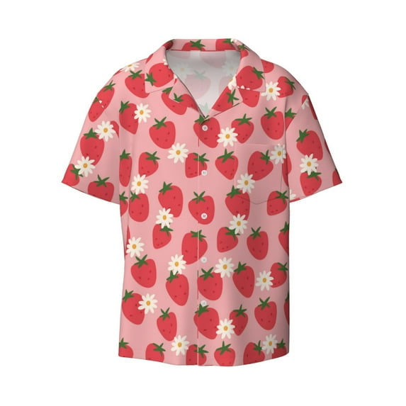 Xecao offers the Strawberry And Flowers for Men's Casual Short-sleeved Shirt, a button-up collared shirt with a pocket, perfect for beach vacations and yacht travel in the X-Large size.
