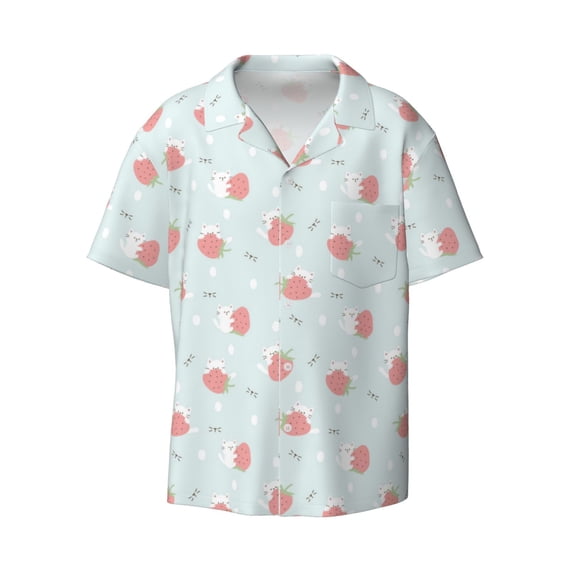 Xecao offers the Strawberry for Men's Casual Short-sleeved Shirt, a button-up collared shirt with a pocket, perfect for beach vacations and yacht travel in the Medium size.