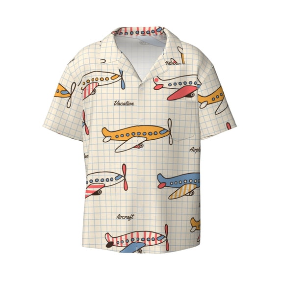 Xecao offers the Striped Vintage Planes for Men's Casual Short-sleeved Shirt, a button-up collared shirt with a pocket, perfect for beach vacations and yacht travel in the 3X-Large size.
