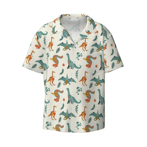 Xecao offers the Summer Dinosaur for Men's Casual Short-sleeved Shirt, a button-up collared shirt with a pocket, perfect for beach vacations and yacht travel in the XX-Large size.
