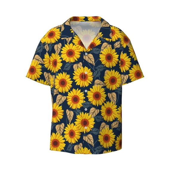 Xecao offers the Sunflowers for Men's Casual Short-sleeved Shirt, a button-up collared shirt with a pocket, perfect for beach vacations and yacht travel in the Medium size.