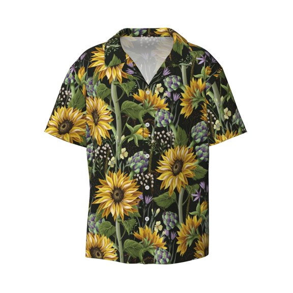Xecao offers the Sunflowers for Men's Casual Short-sleeved Shirt, a button-up collared shirt with a pocket, perfect for beach vacations and yacht travel in the XX-Large size.