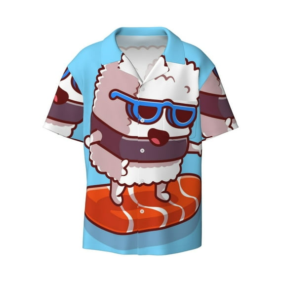 Xecao offers the Sushi Salmon Surfing for Men's Casual Short-sleeved Shirt, a button-up collared shirt with a pocket, perfect for beach vacations and yacht travel in the 3X-Large size.