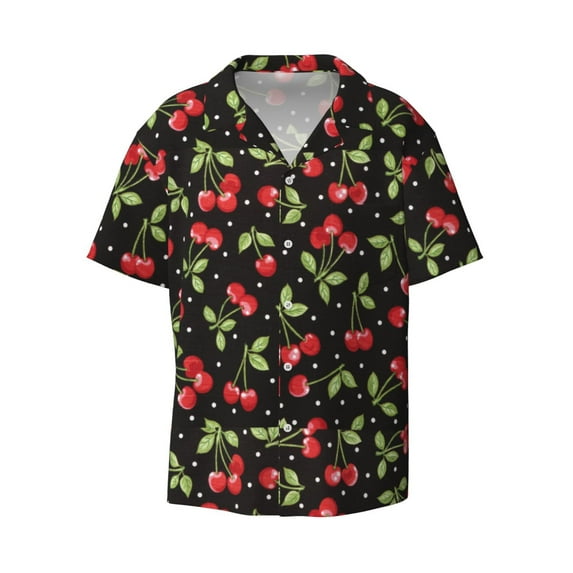 Xecao offers the Sweet Red Cherry for Men's Casual Short-sleeved Shirt, a button-up collared shirt with a pocket, perfect for beach vacations and yacht travel in the Medium size.