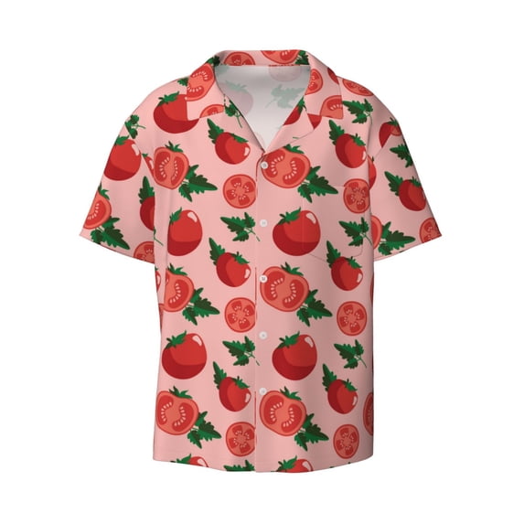 Xecao offers the Tomatoes for Men's Casual Short-sleeved Shirt, a button-up collared shirt with a pocket, perfect for beach vacations and yacht travel in the 3X-Large size.