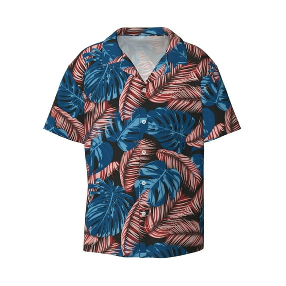 Xecao offers the Tropical Leaves for Men's Casual Short-sleeved Shirt, a button-up collared shirt with a pocket, perfect for beach vacations and yacht travel in the 3X-Large size.
