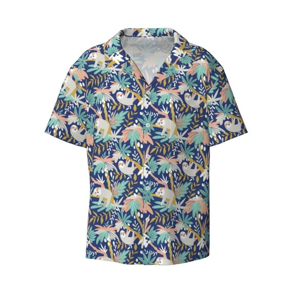Xecao offers the Tropical Sloth for Men's Casual Short-sleeved Shirt, a button-up collared shirt with a pocket, perfect for beach vacations and yacht travel in the Large size.
